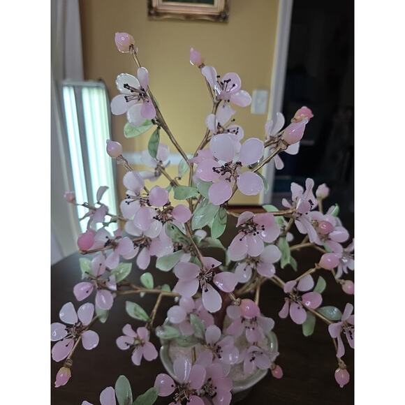 Vintage Large Mid Century Chinese Jade Glass Agate Bonsai Flower Tree 15 X 18 - Picture 8 of 16